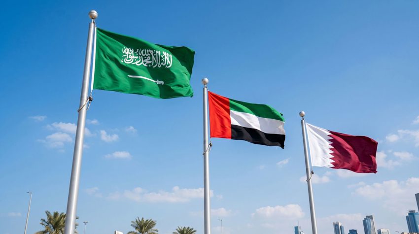 Large horizontal flag for Saudi National Day street and building display in Riyadh