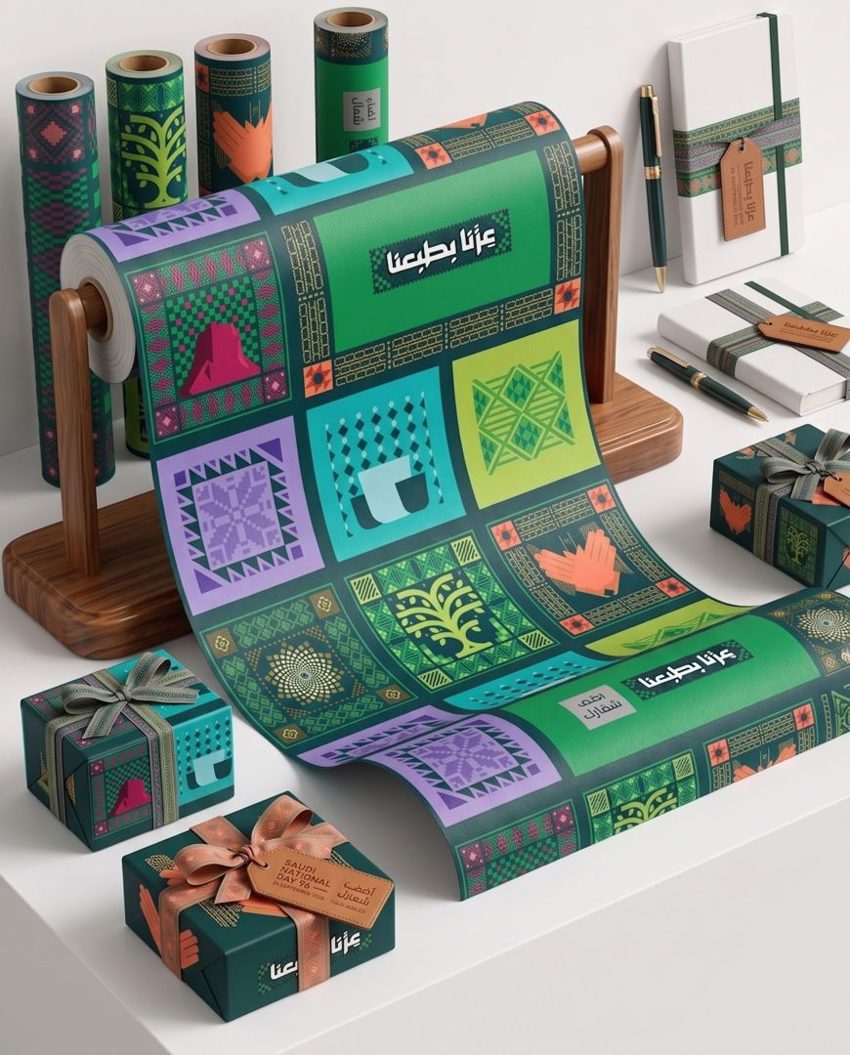 Custom printed wrapping paper with repeating brand logo for corporate gifts — Admark, Saudi Arabia Branded gift wrap in compa